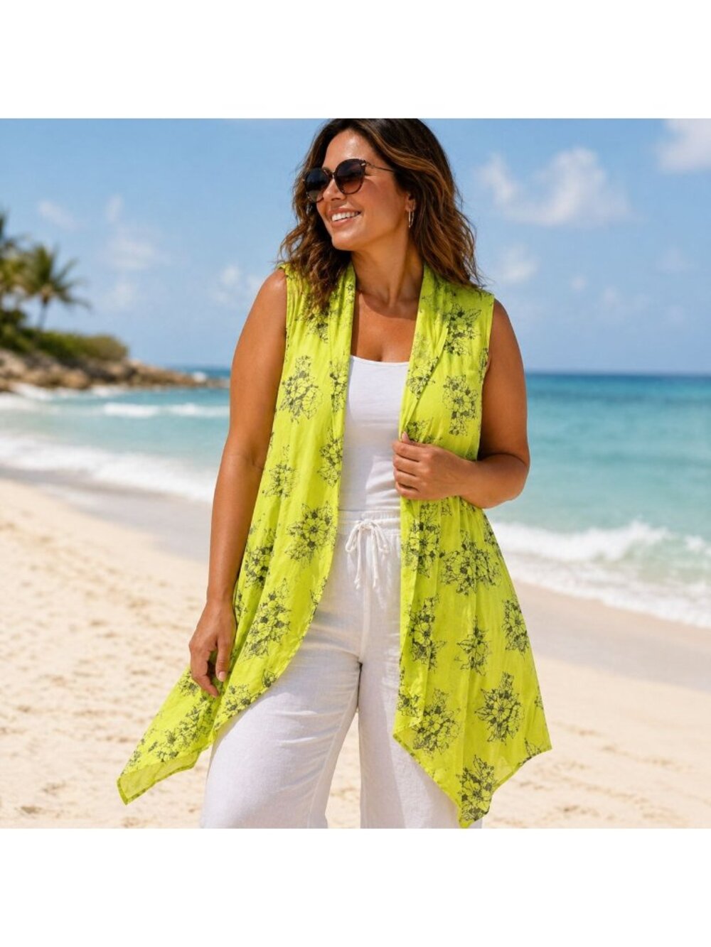 Sangria Lime Green Floral Vest Size S Sleeveless Open Front Lightweight Cardigan